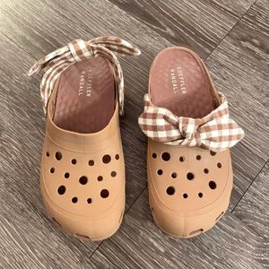 Loeffler Randall Ezra Bow Strap Rubber Slide in Tan & Brown Gingham